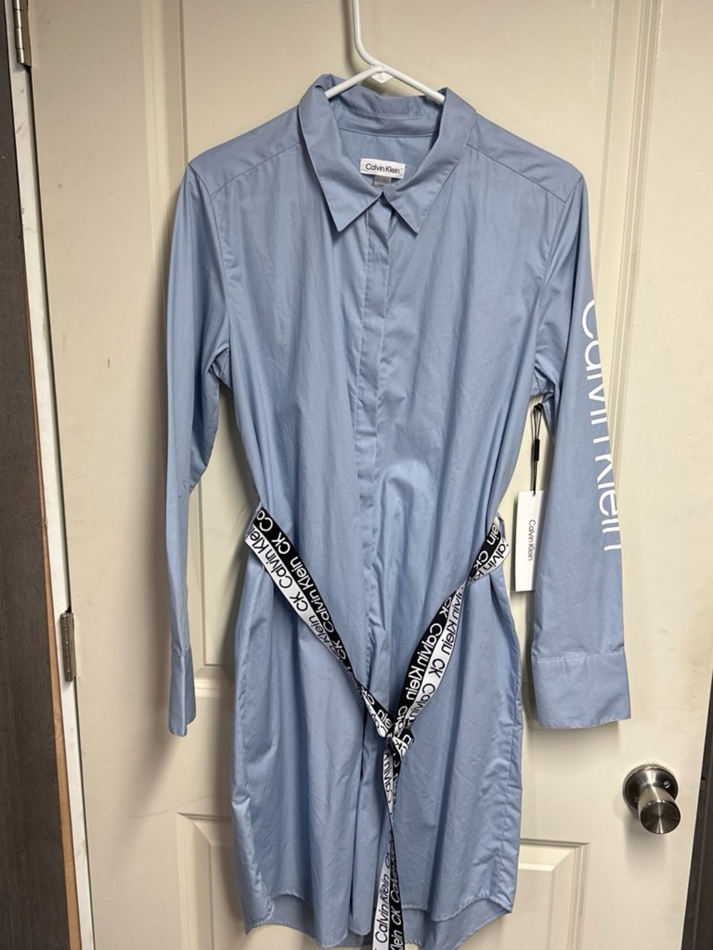 Calvin Klein Light Blue Shirt Dress with Logo Belt NWT Size L Large